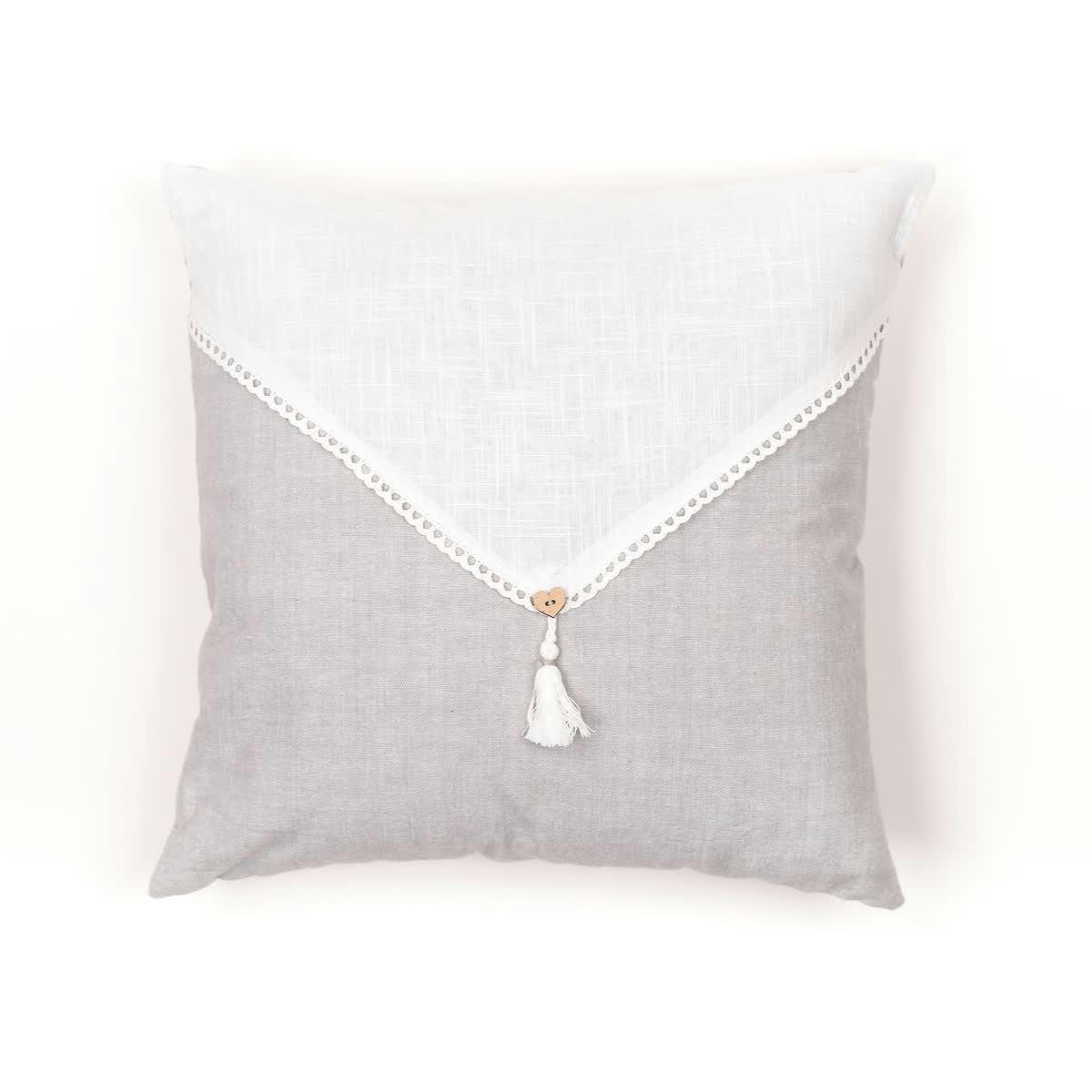 CHARME - Coussin déhoussable avec pompon en coton gris clair 40x40
