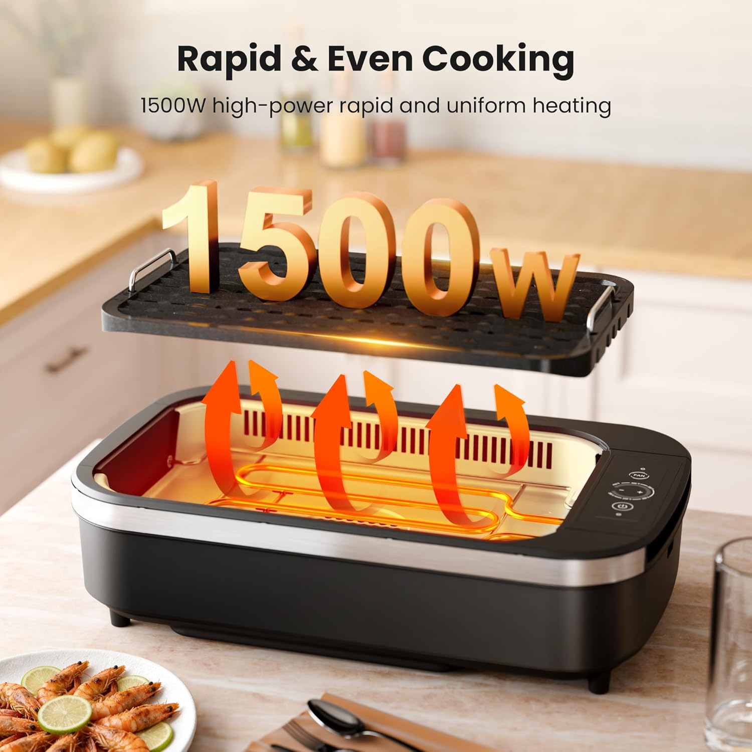 Kismile Smokeless Indoor Grill, 1500W Electric Indoor Grill for Korean BBQ with 6-Level Temp Control, Removable Glass Lid, Non-Stick Grill Plate, Turbo Smoke Extractor, Auto Shut Off & Dishwasher Safe