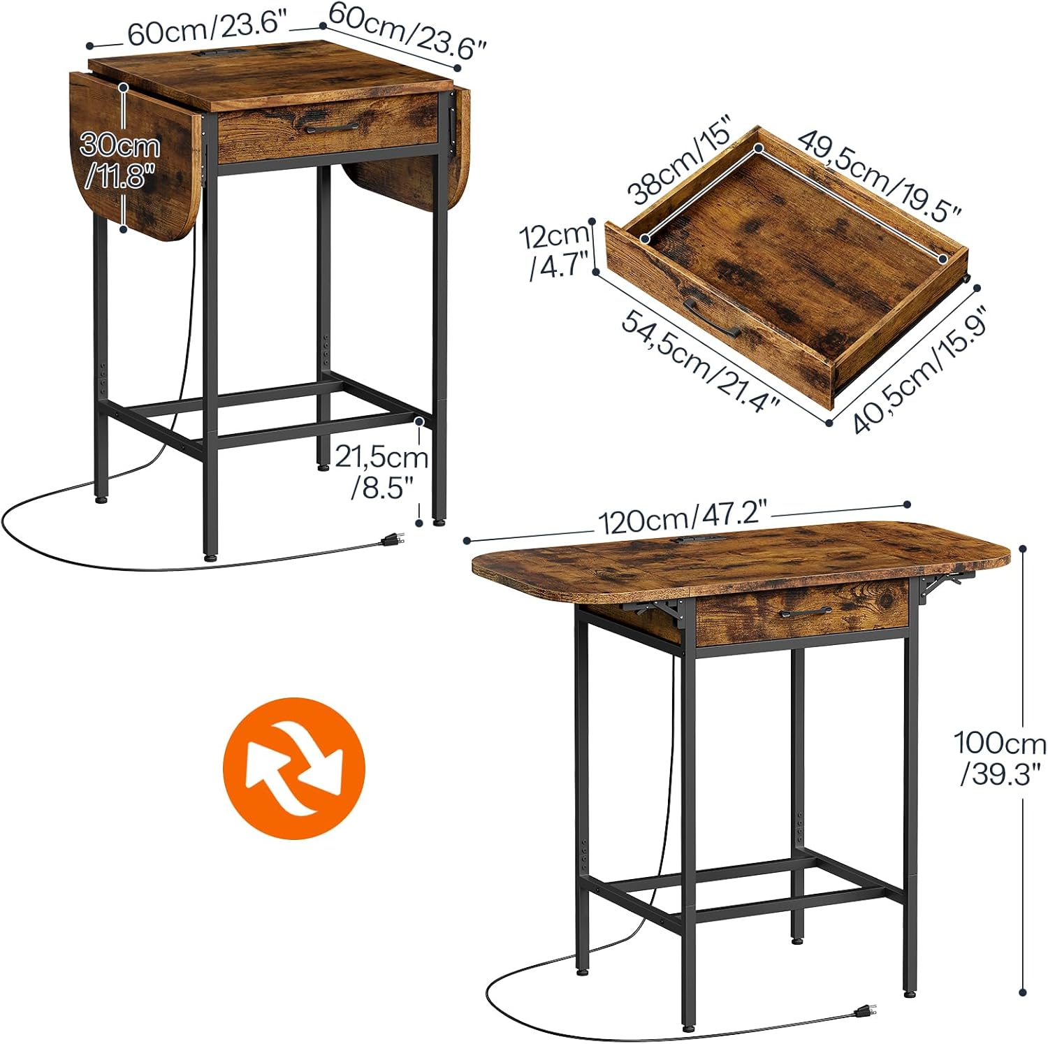 HOOBRO Bar Table, Folding Dining Table, 47.2-Inch Kitchen Table, Drop Leaf Extendabl Table with Outlets, Storage Drawer & Adjustable Feet for Kitchen, Rustic Brown and Black BF126UBT01