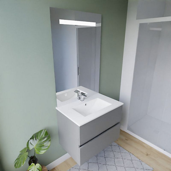 Meuble vasque ROSALY INOX 70 cm   miroir ELEG Plus ht105- Gris- Plan vasque en Céramique