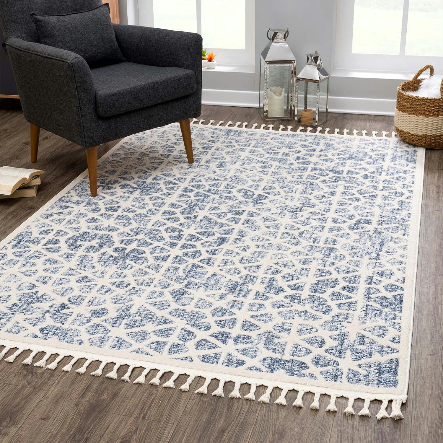 FLÄT - Tapis scandinave à franges tressées bleu et crème 200x290cm