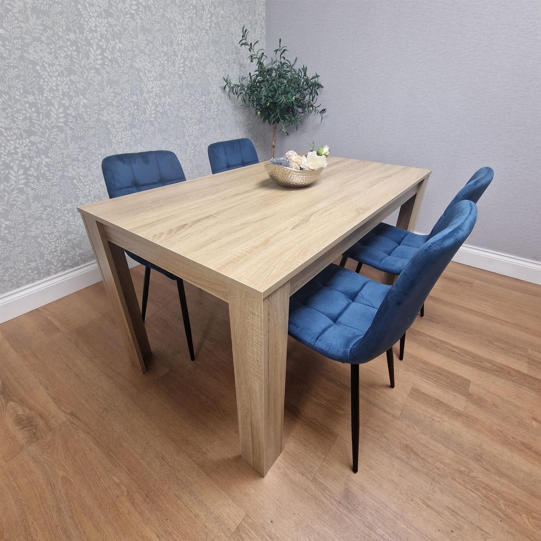 KOSY KOALA Oak Effect Wood Dining Set Table with 4 Blue Velvet Chairs