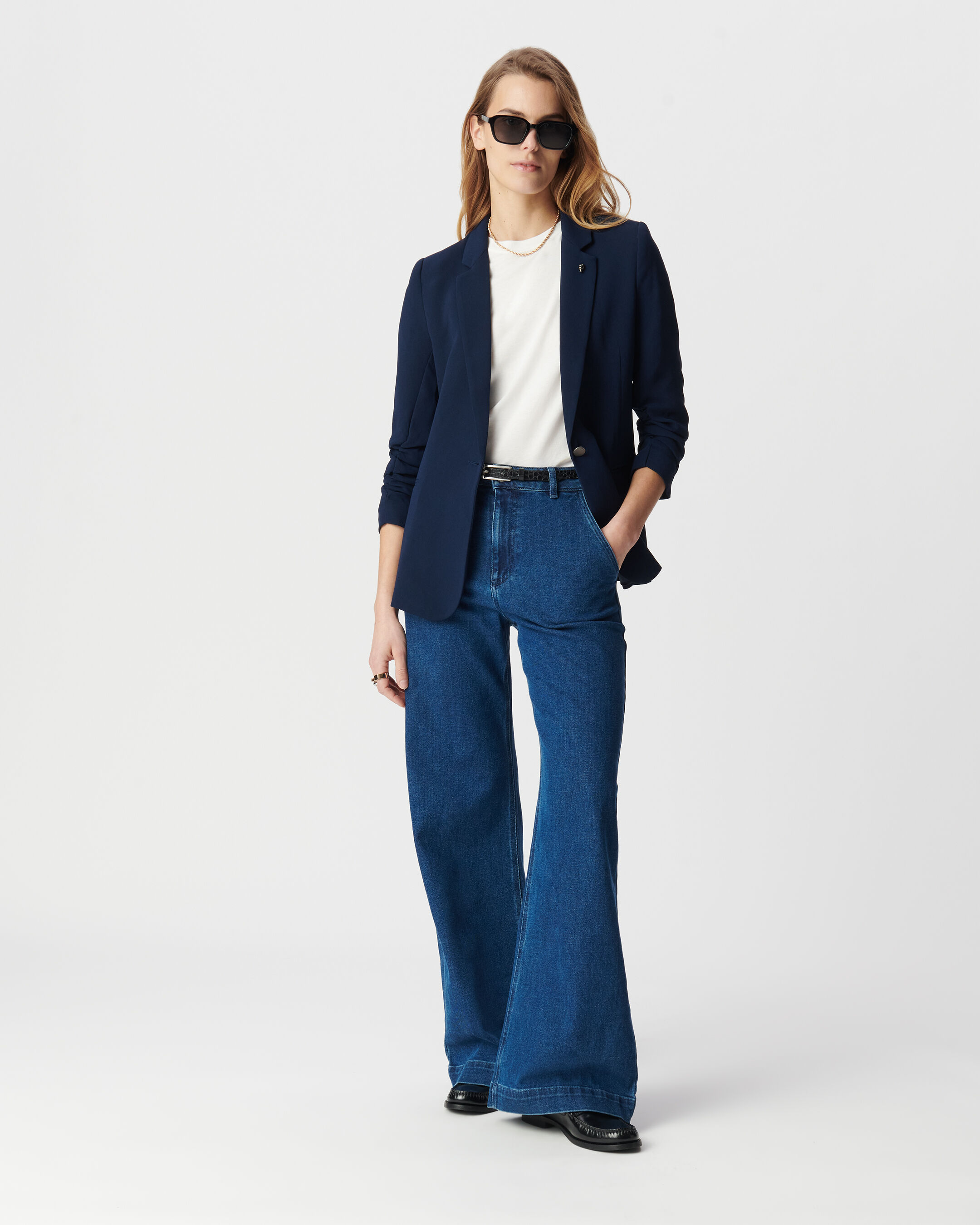 Veste de tailleur marine manches 3/4 froncées Femme