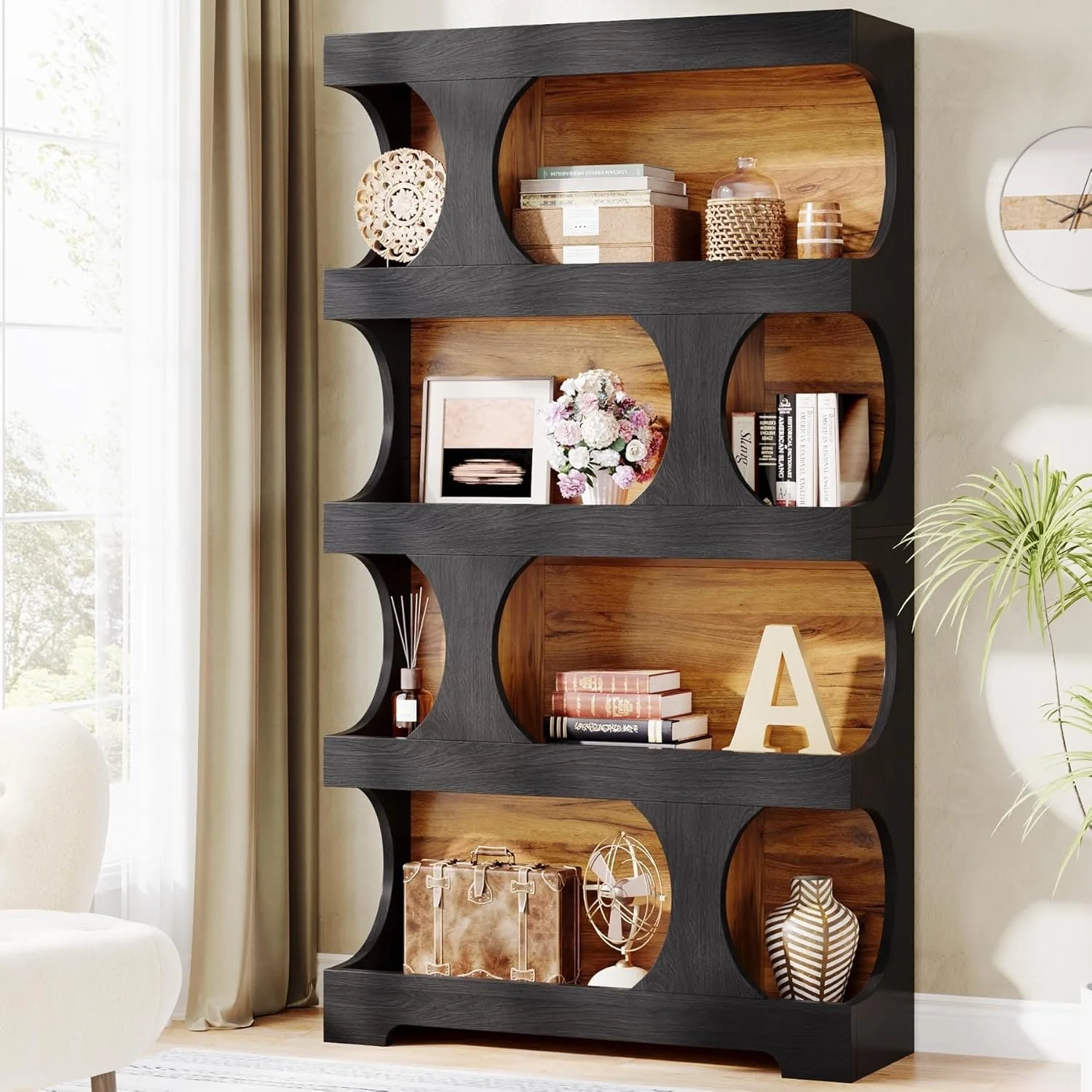 71 Tall Bookcase, 4-Tier S-Shaped Bookshelf, Wood Decorative Storage Shelving
