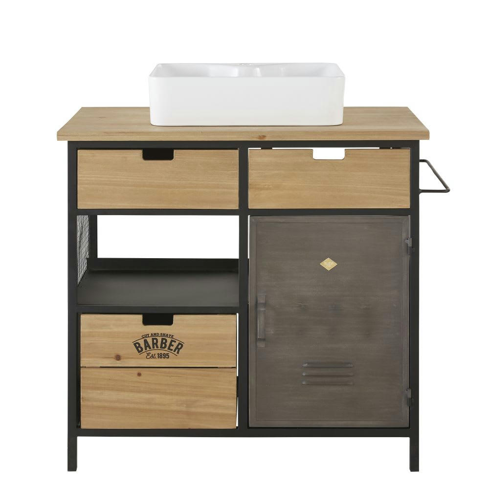 Harvey - Meuble vasque 3 tiroirs 1 porte en sapin et métal