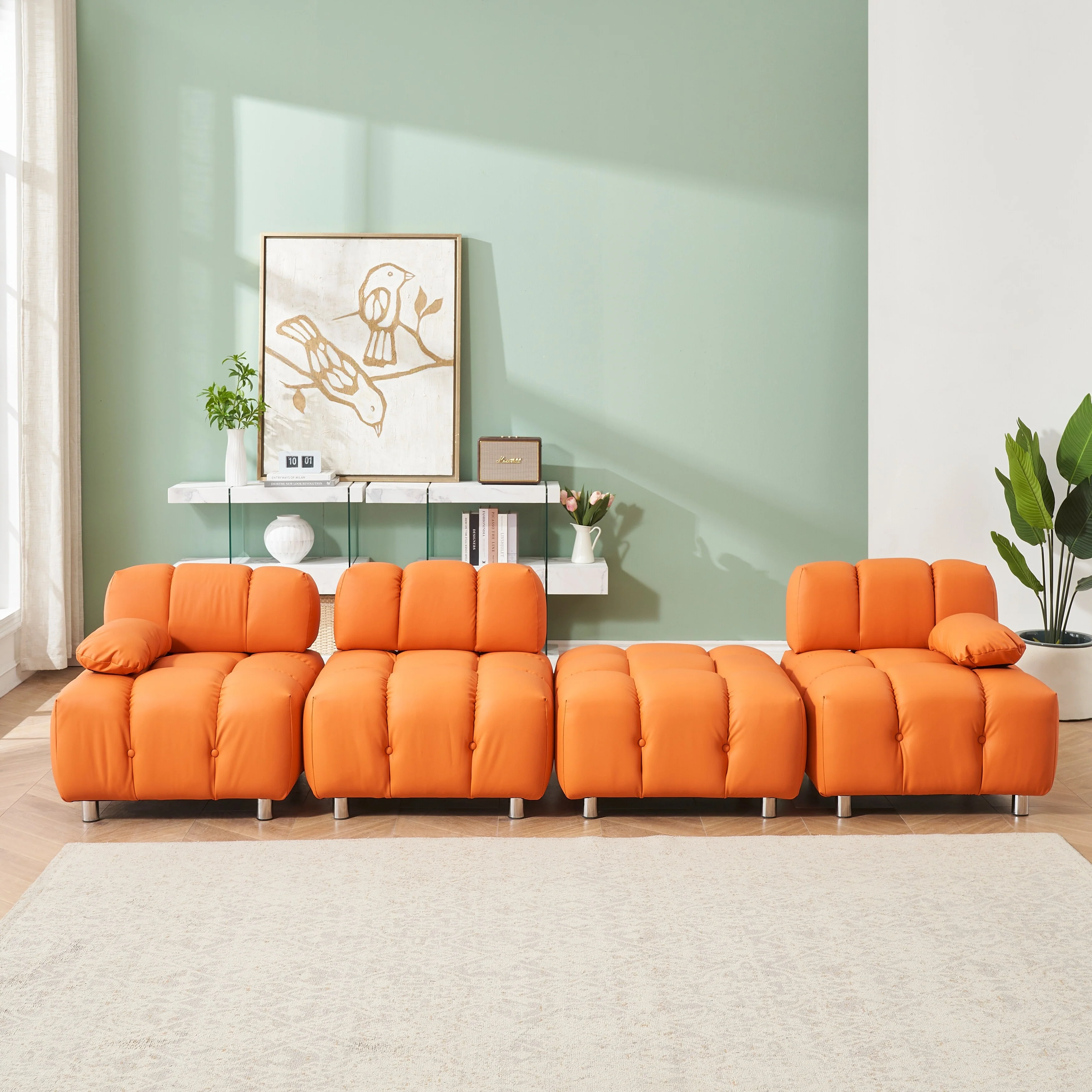 Orange 90.6'' 3-Seat Sofa with Foldable Chaise, Waterproof and Stain-Resistant, Perfect for Cat Owners