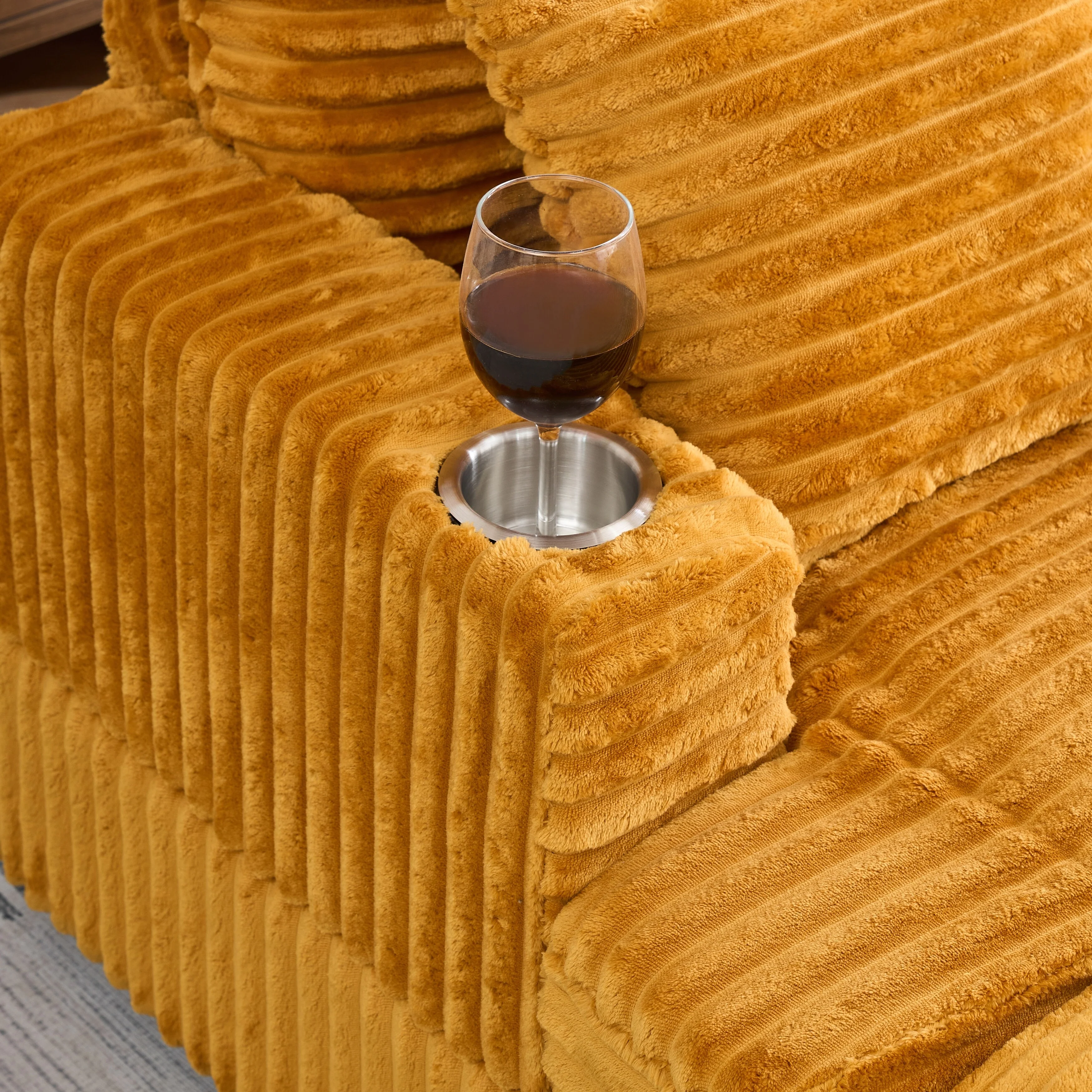 Corduroy Armchair Ottoman Set with Cup Holder, Spring Cushion and 2 Throw Pillows