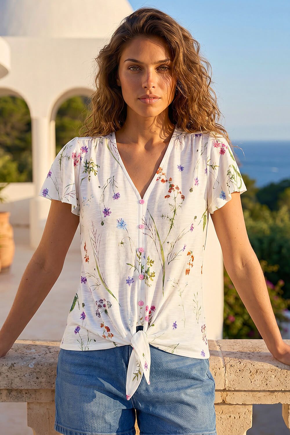Roman Floral Print Tie Front Top