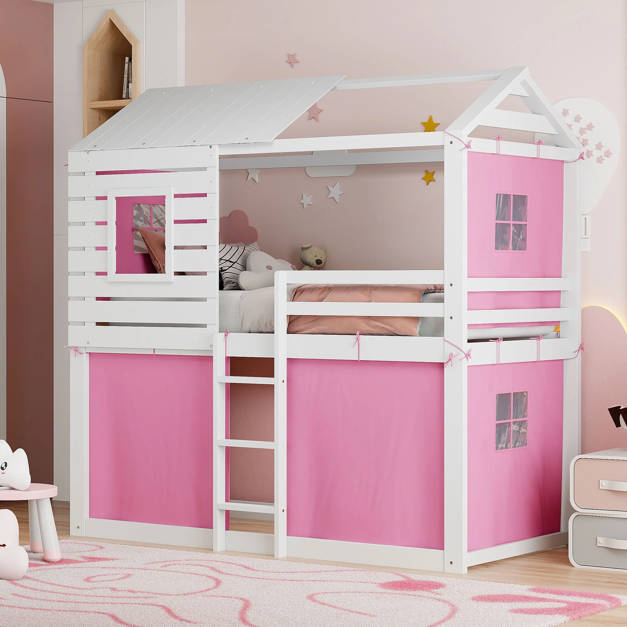 Twin Size Solid Wood House Bunk Bed with Tent & Ladder