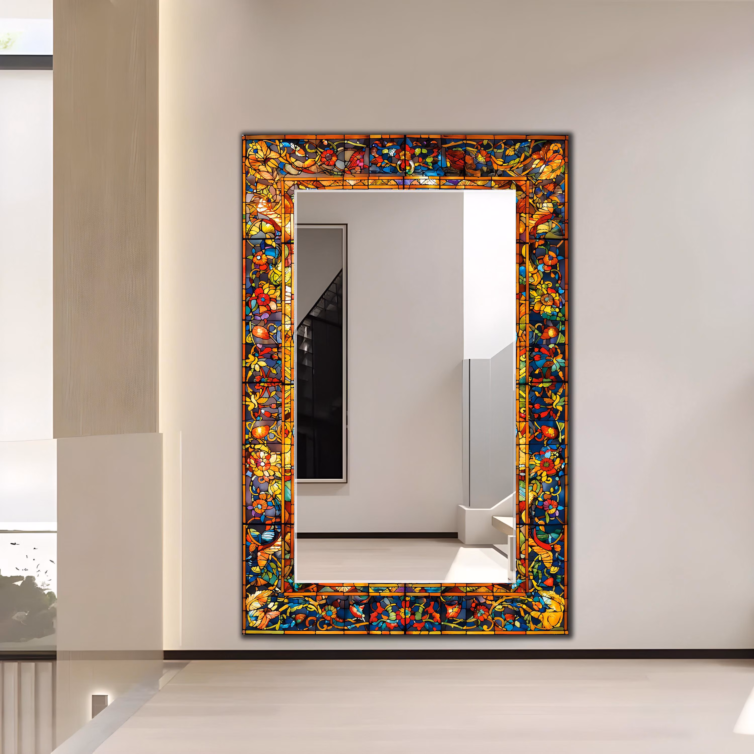 Customizable Luxury Mirror, Entrance Large Mirror, Stained Glass Look, Floral Abstract Glass Wall Mirror | Flat Glass Art with Mirror