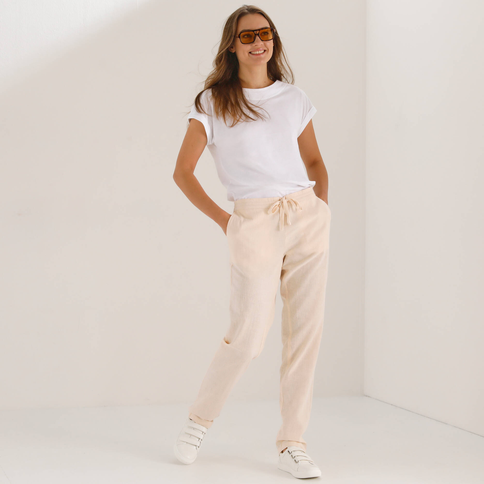 Pantalon fuselé fluide, lin-coton