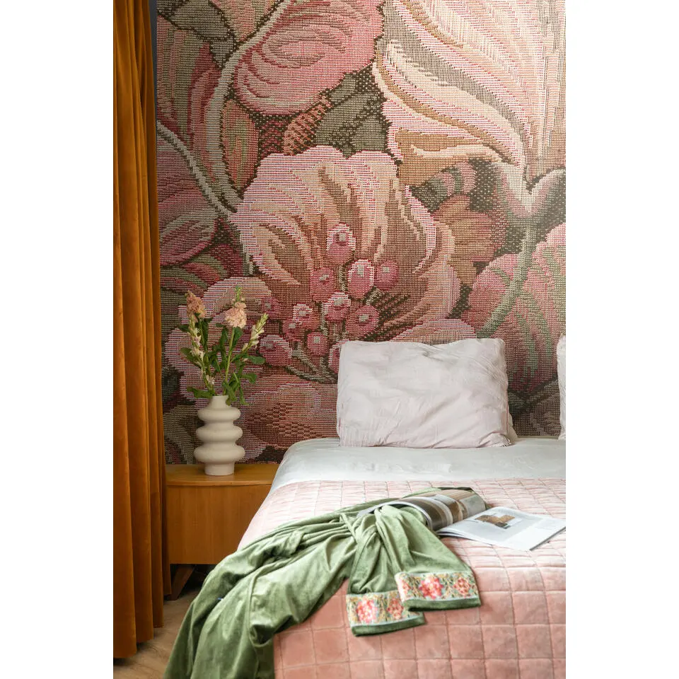 ESTAhome fotobehang geborduurd bloemmotief roze en groen - 186 x 279 cm