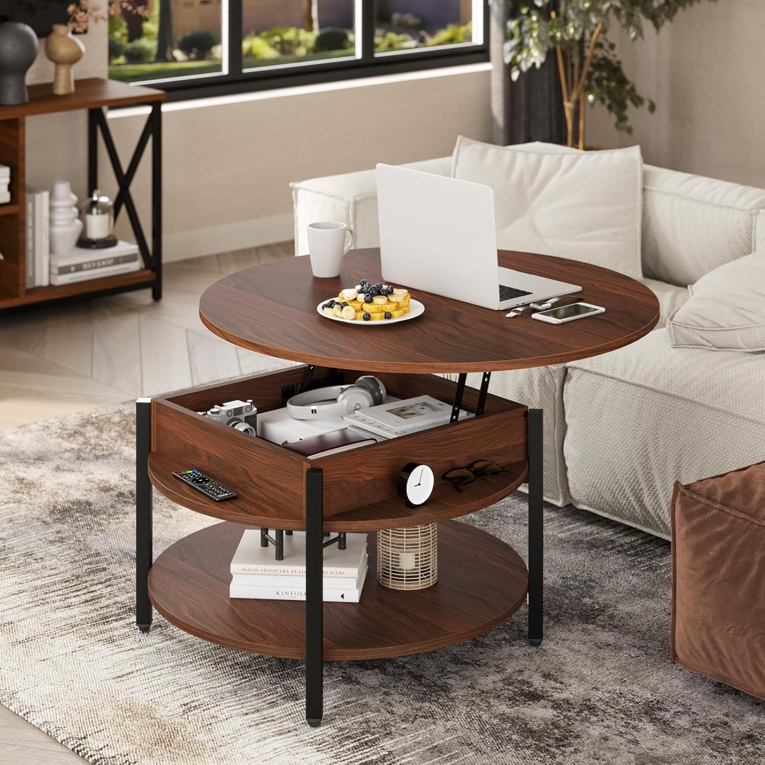 FABATO Round Lift Top Coffee Table with Storage and Hidden Compartment, 26.77'' Farmhouse Coffee Table for Living Room Reception Room, 2 Tier Small Round Coffee Table Circle Dining Table, Espresso