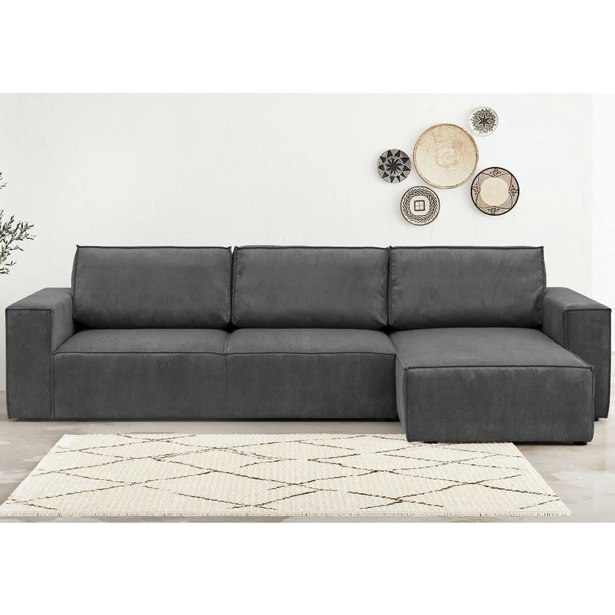 HARPER NEW - Canapé d'angle 5 places convertible en velours fines côtes anthracite