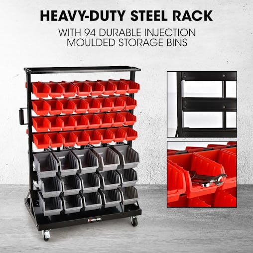 NNEMB 94 Parts Bin Rack Storage System Mobile Double-Sided-Red