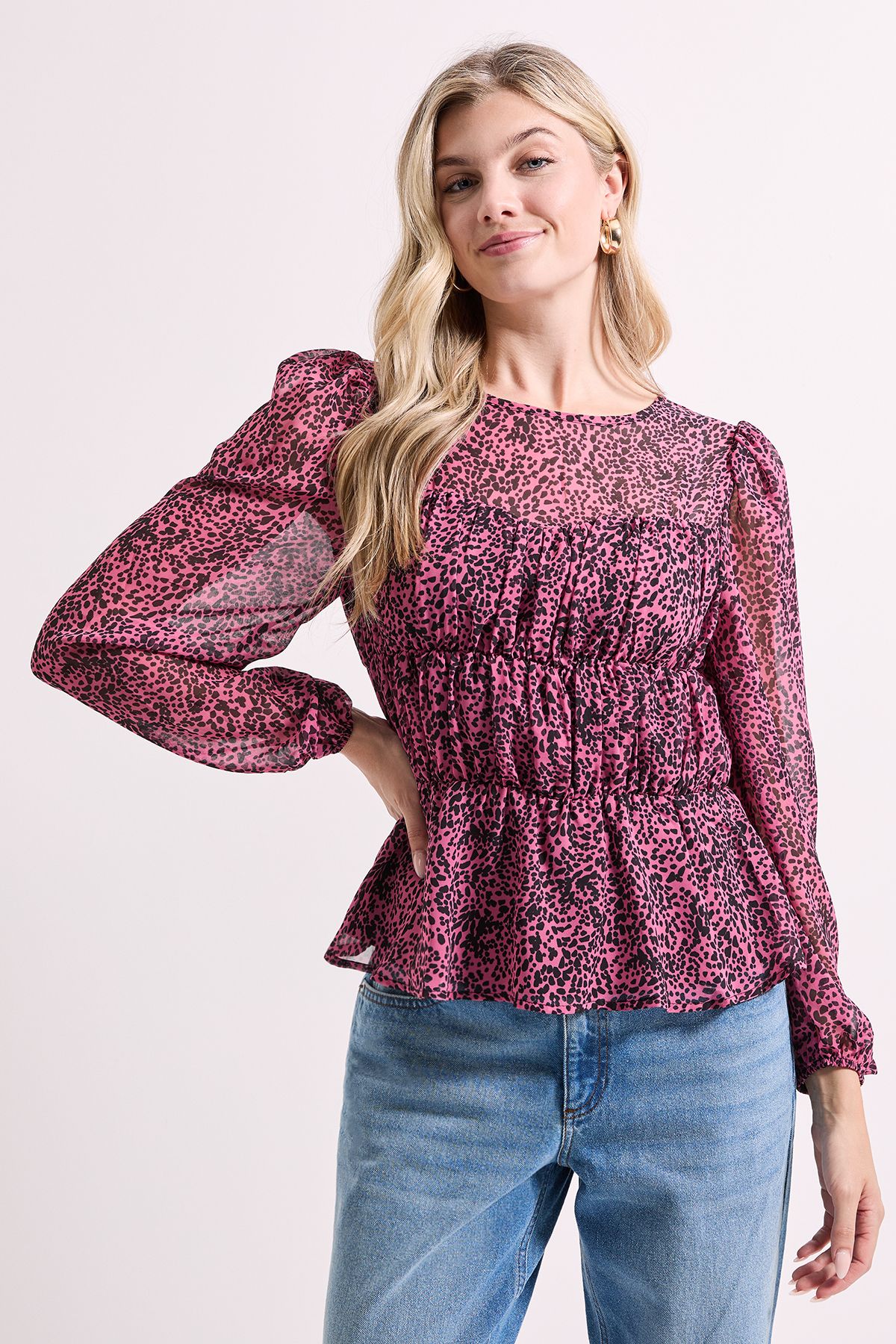 Dorothy Perkins Animal Sheer Yoke Printed Chiffon Shirred Top