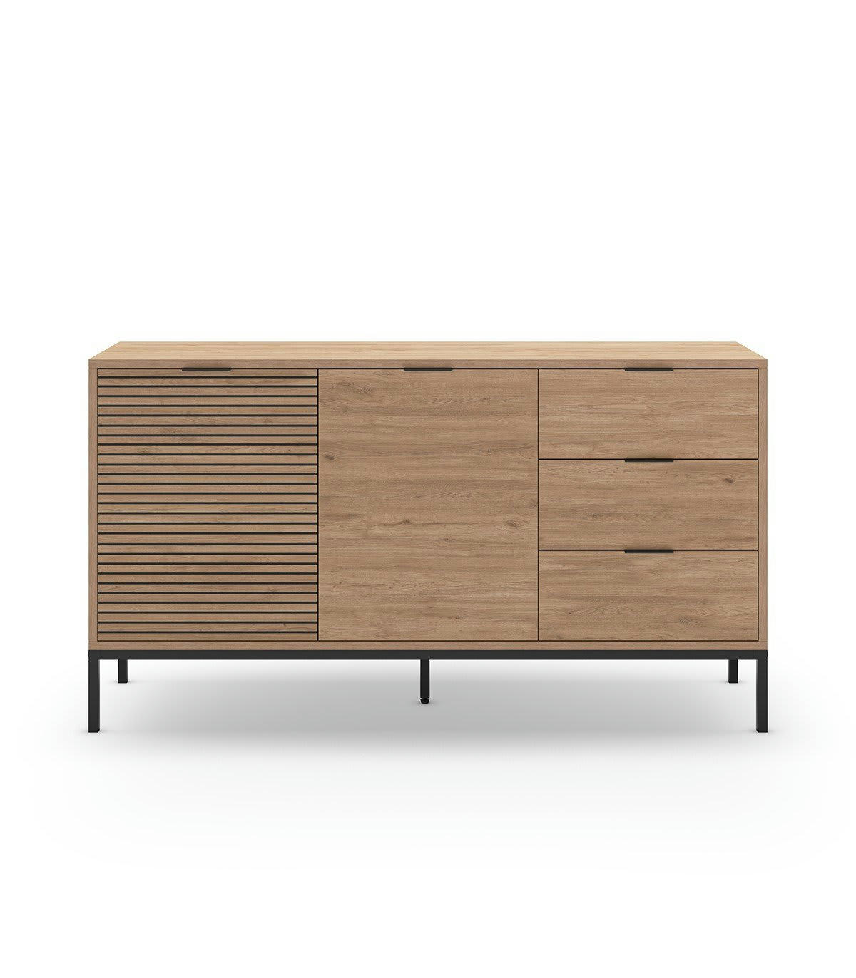ARIEL - Buffet 3 portes décor chêne, rainures noires - L140 cm