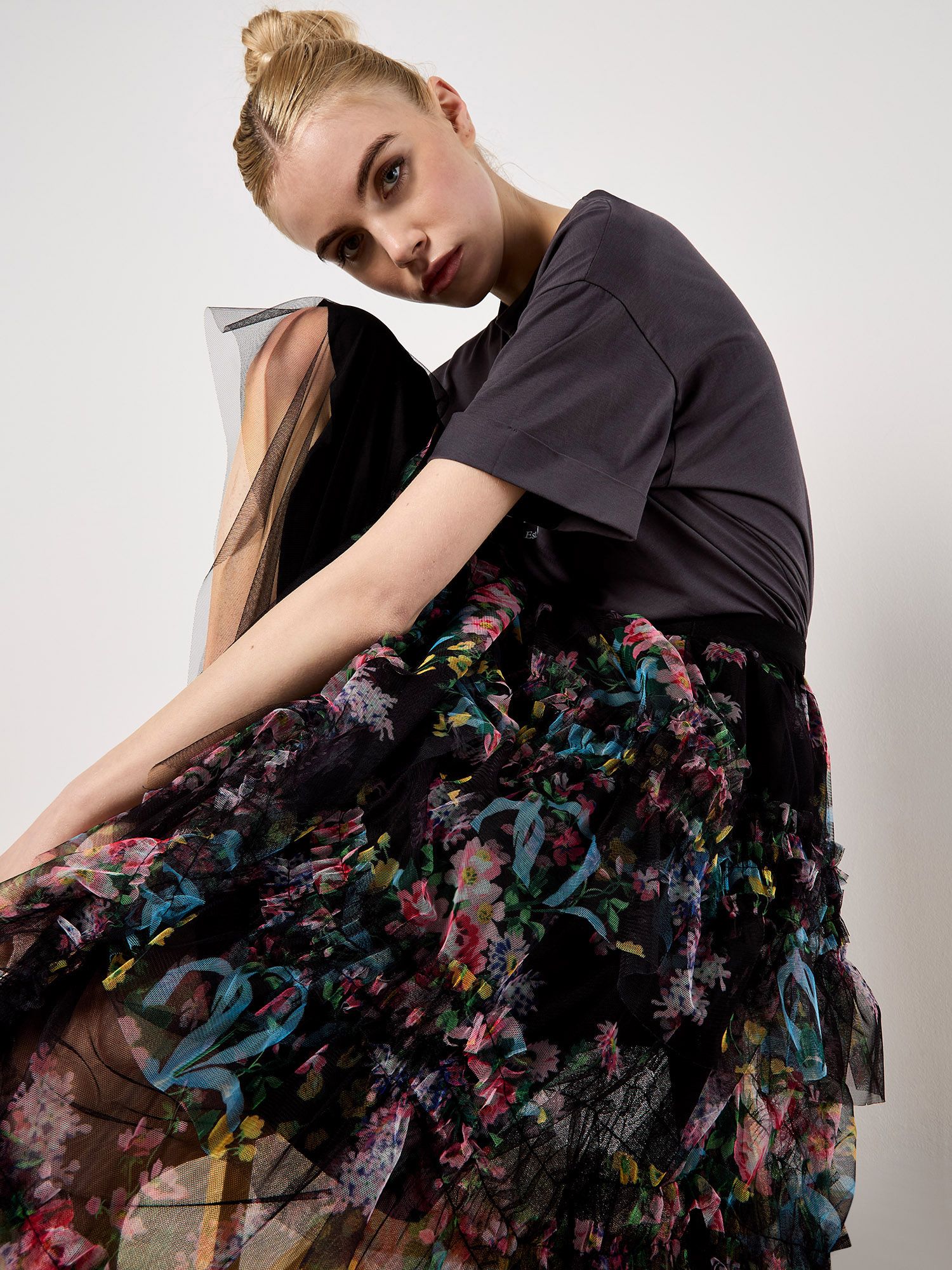 Apricot Floral Tiered Tulle Midi Skirt