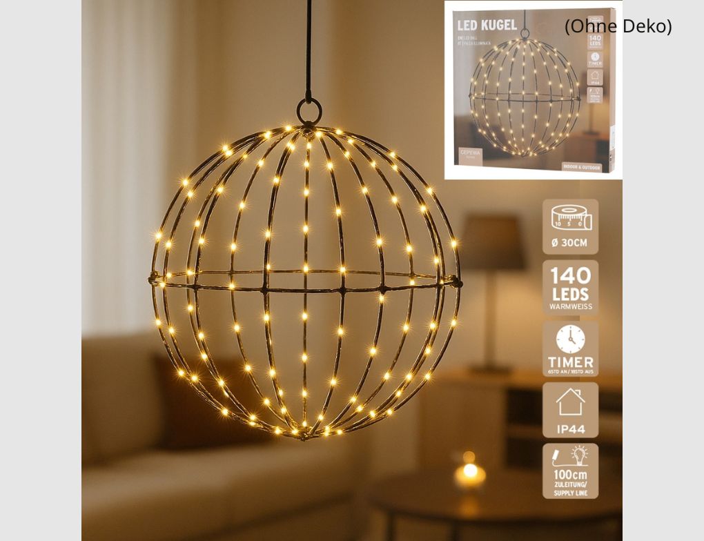 LED-Dekokugel Schwarz Ø30cm mit 140 LEDs warmweiß und Timer