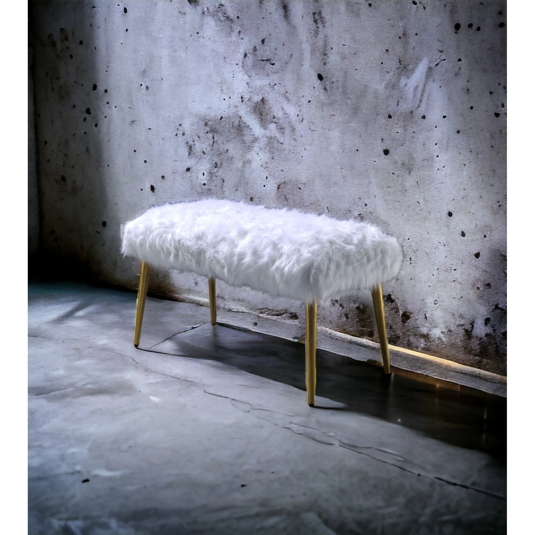 White Faux Fur and Gold Finish Bench