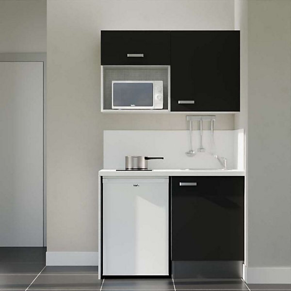 Kitchenette K07 façades Noir - Plan de travail Blanc - Crédences : Oui - Evier inox - Electroménager Blanc inclus
