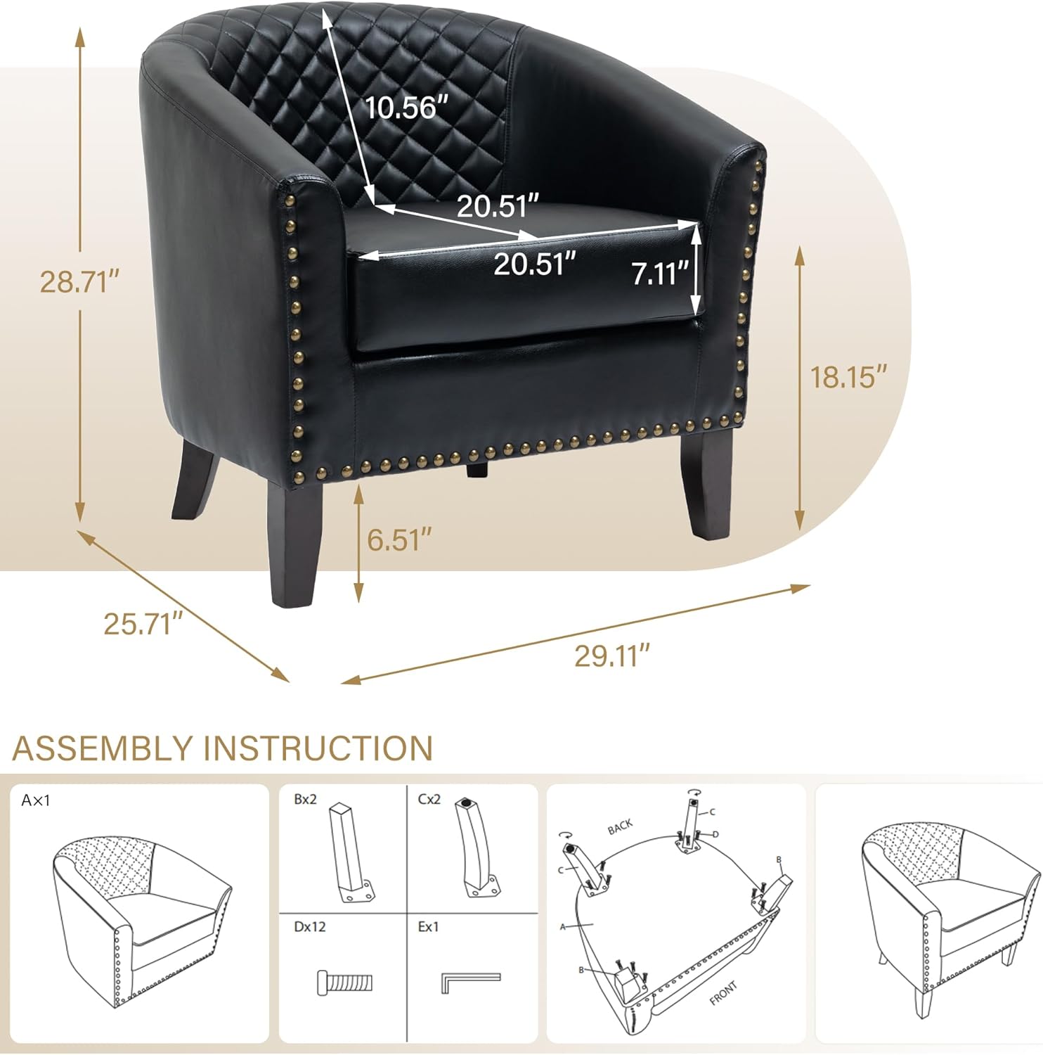 Pia Ricco Faux Leather Barrel Accent Chairs Set of 4, Modern Club Arm Chair Comfy Upholstered Single Sofa Chair with Solid Wood Legs and Nailhead Trim for Living Room/Reading Room, Black