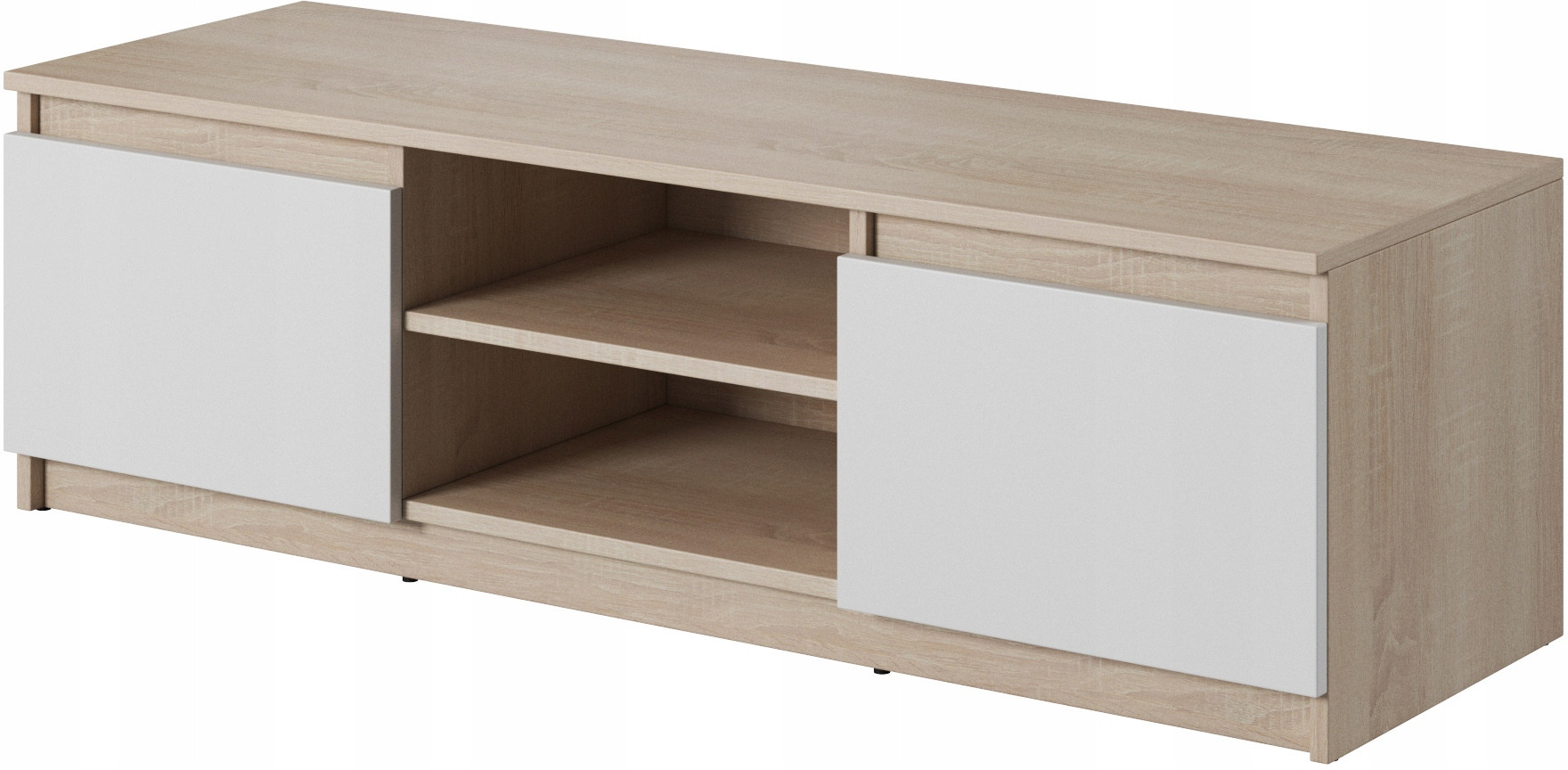 Prosta szafka RTV 120 cm do salonu, 2 szafki i półki, dąb sonoma/biały mat