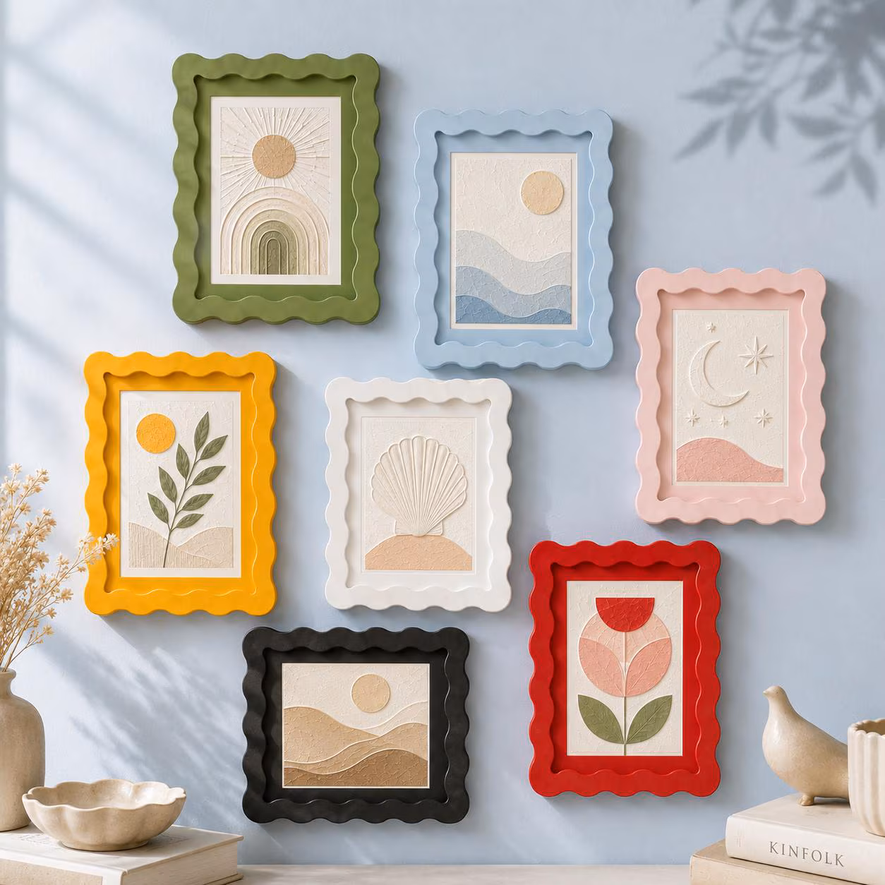 Colorful Wavy Picture Frame, Scalloped Wood Photo Frame, Matte Painted Gallery Wall Frame, Cottagecore Decor Gift