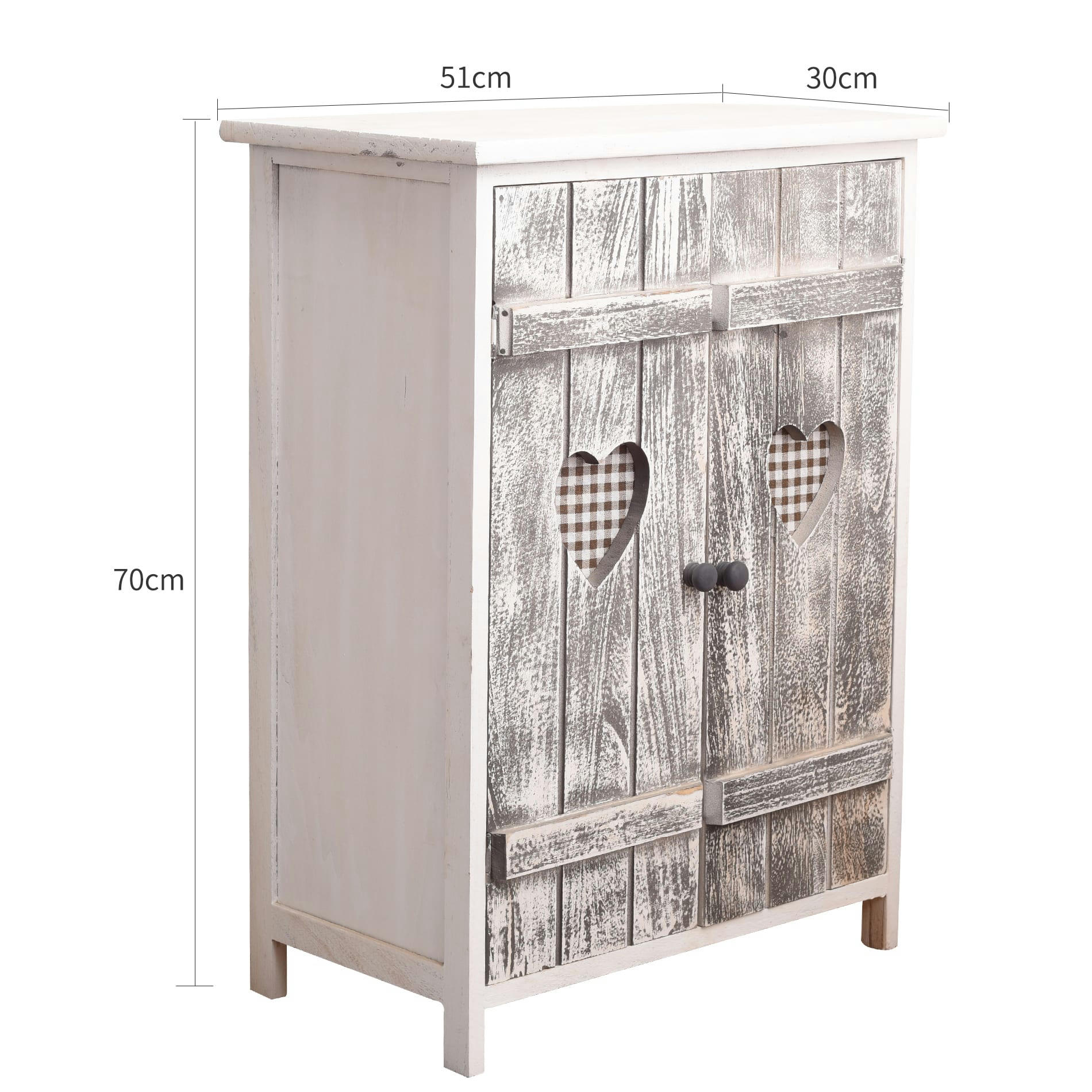 - Commode sculptures en cœur 2 portes en bois gris blanc et tissu