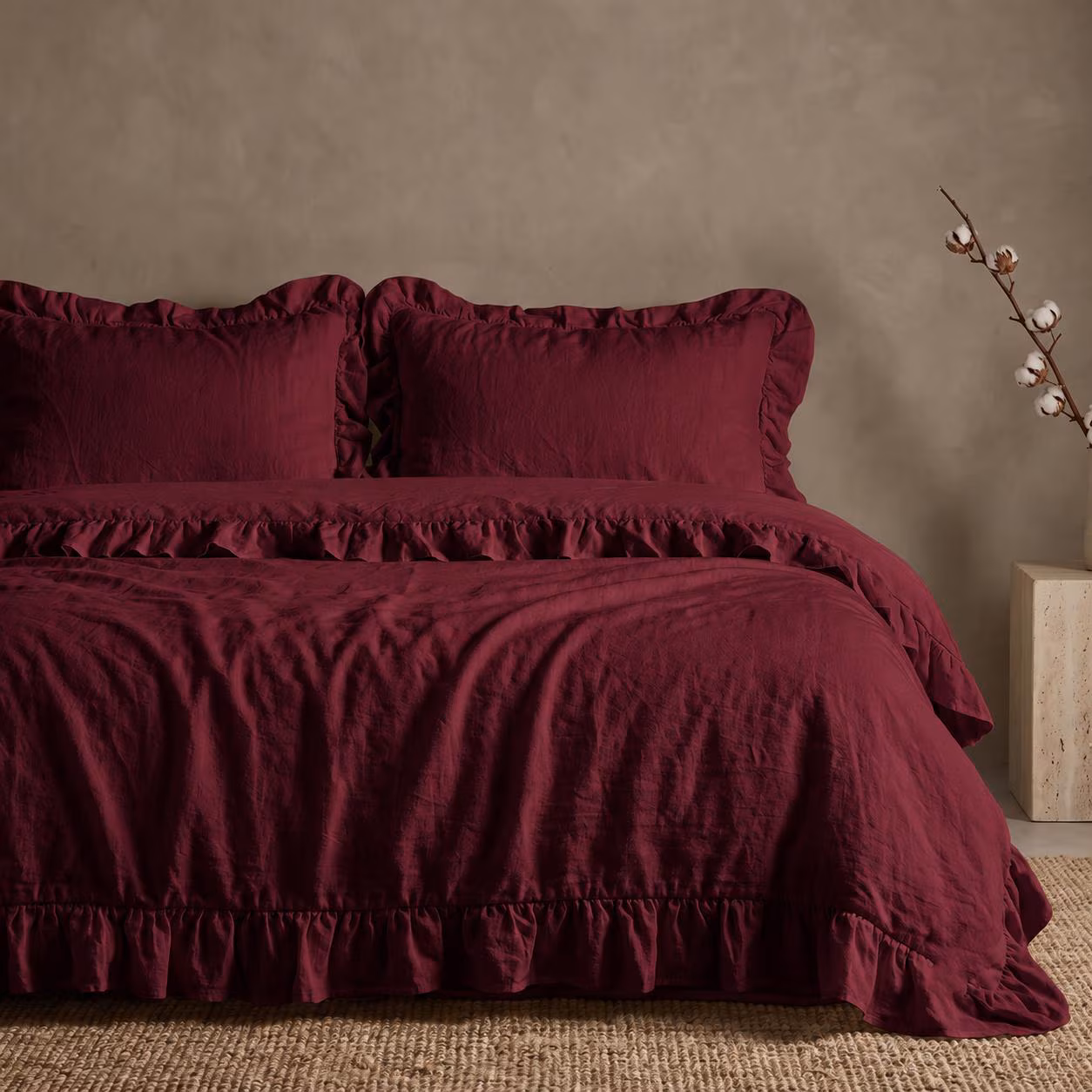 Burgundy Ruffle Linen Duvet Cover Set, Washed Linen Bedding Set, Romantic Ruffled Bed Set, Soft Linen Pillow, Queen King Twin Bedding, Cover