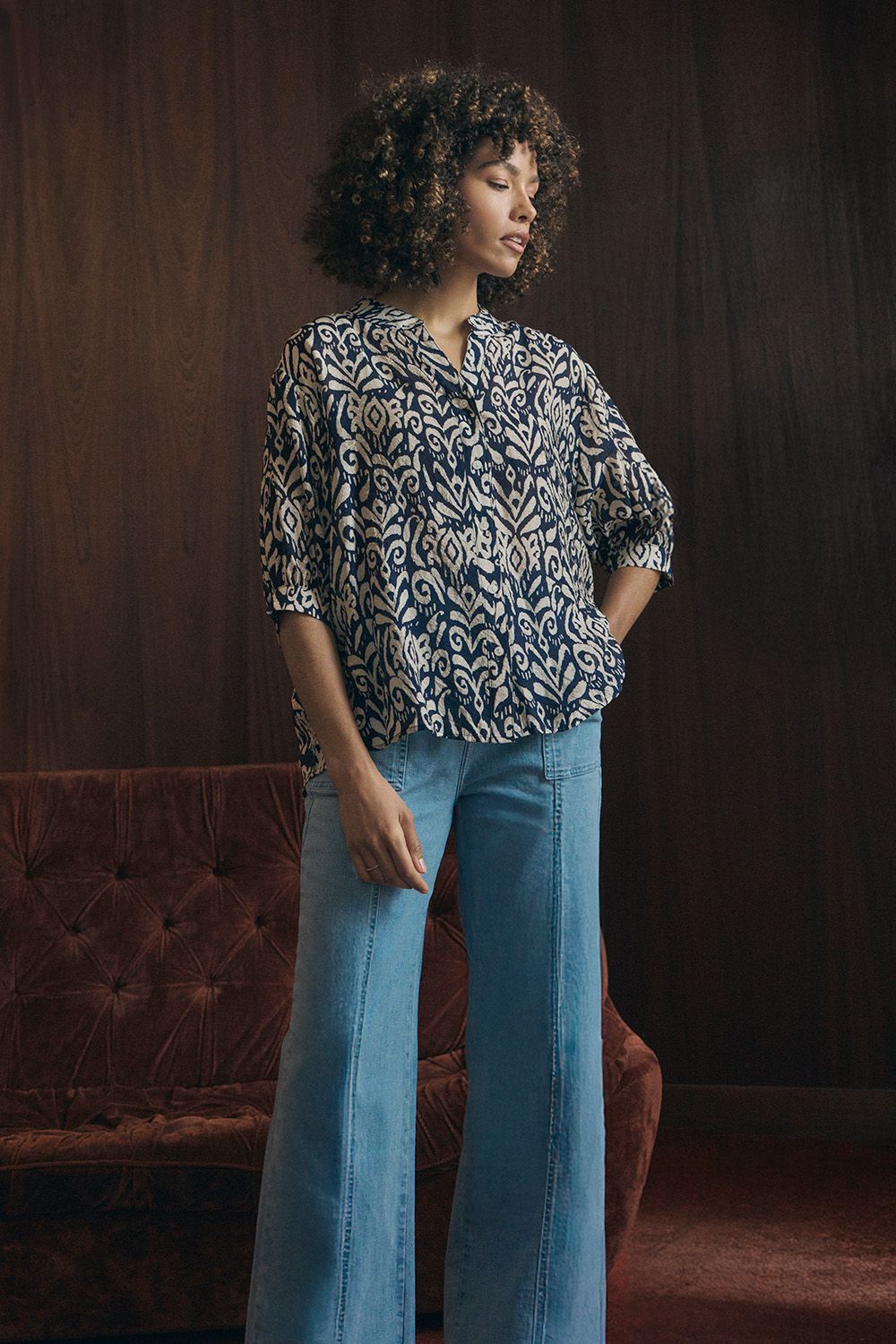Izabel London Printed Button 3/4 Sleeve Relaxed Blouse