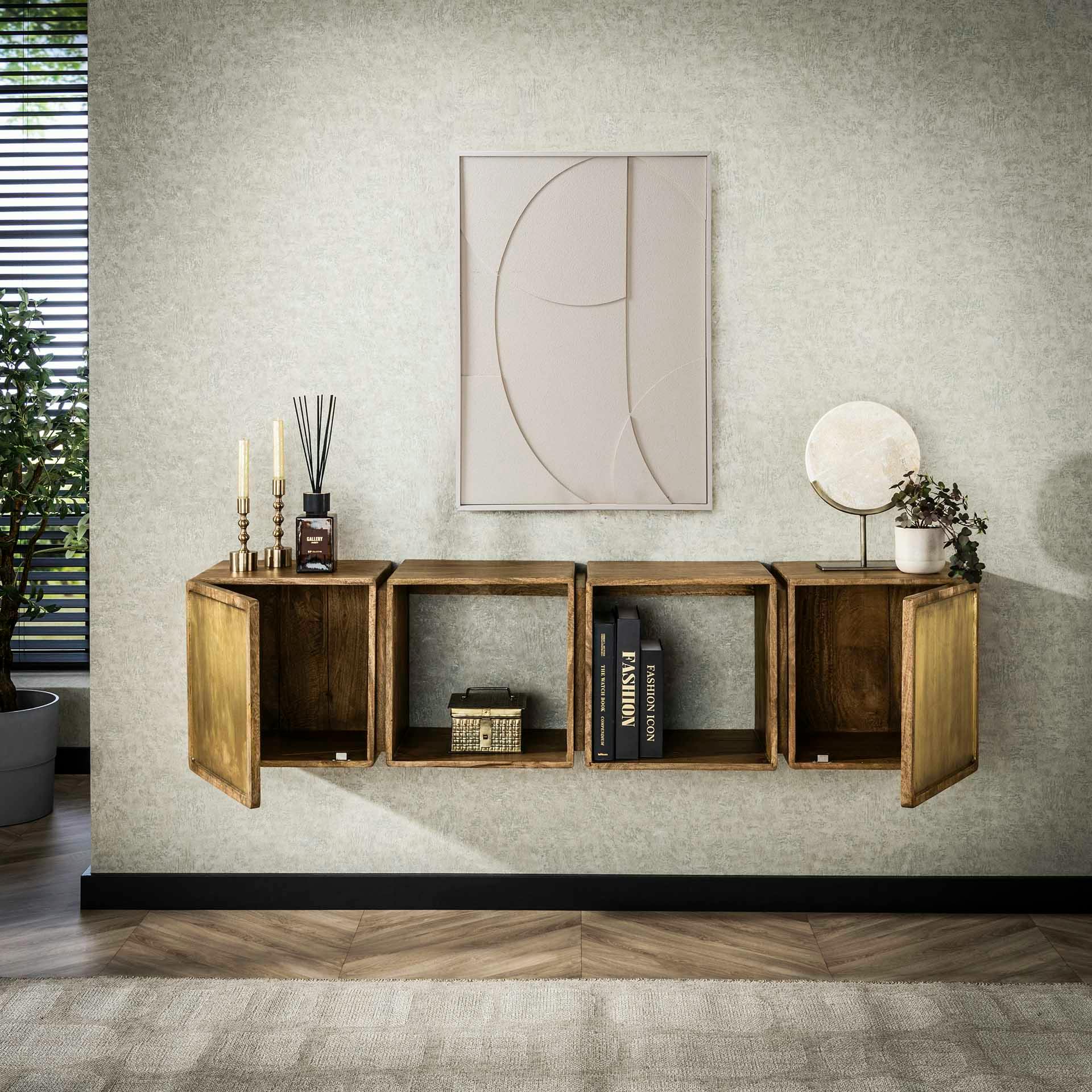 Meuble de rangement mural en bois de manguier finition cuivrée, 4 cubes (2 niches ouvertes, 2 niches fermées) VARA