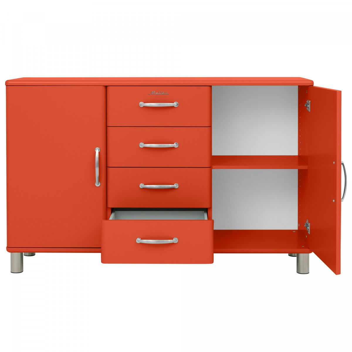 MALIBU - Buffet bas style rétro 2 placards 4 tiroirs orange