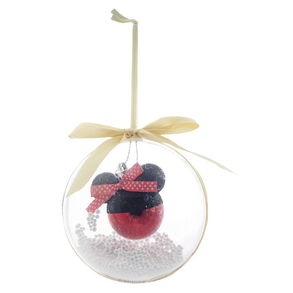 Boule de No&euml;l Disney transparente ruban et billes avec tête de Mickey