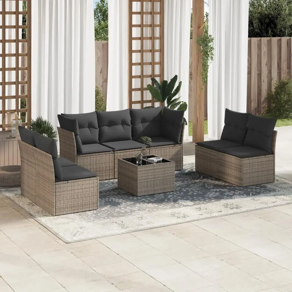 vidaXL 8-delige Loungeset met kussens en tuintafel - Grijs - Poly Rattan