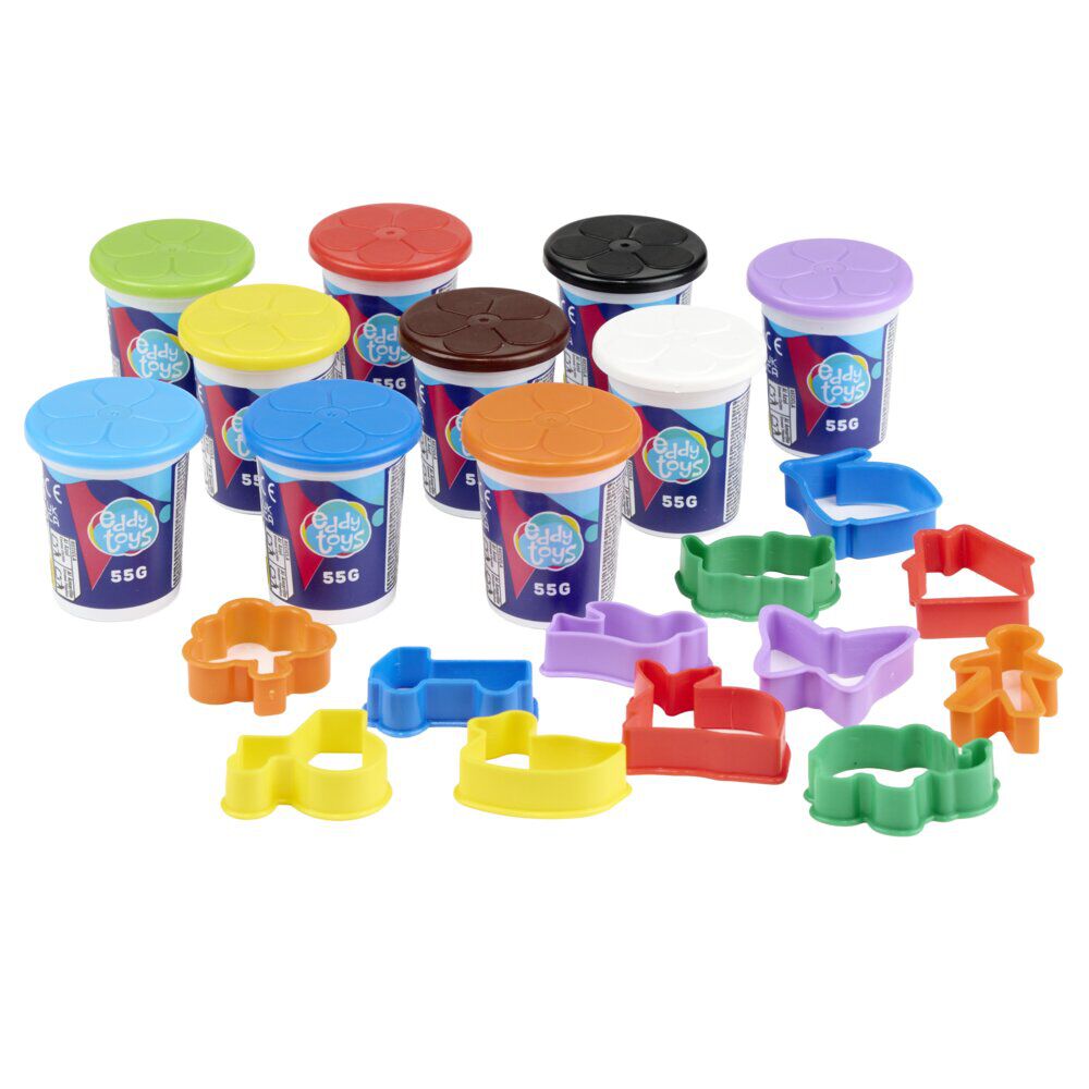 Pâte à modeler x10 pots 55g et 12 moules plastique