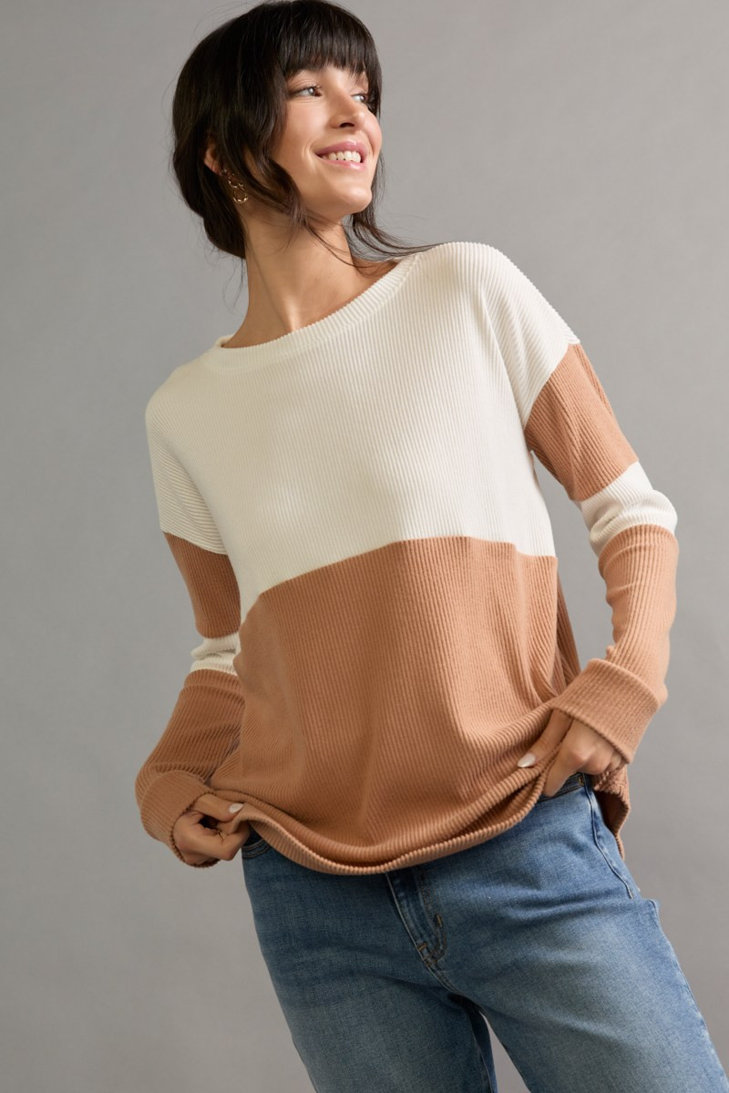 Lynn Color Block Long Sleeve Top Taupe