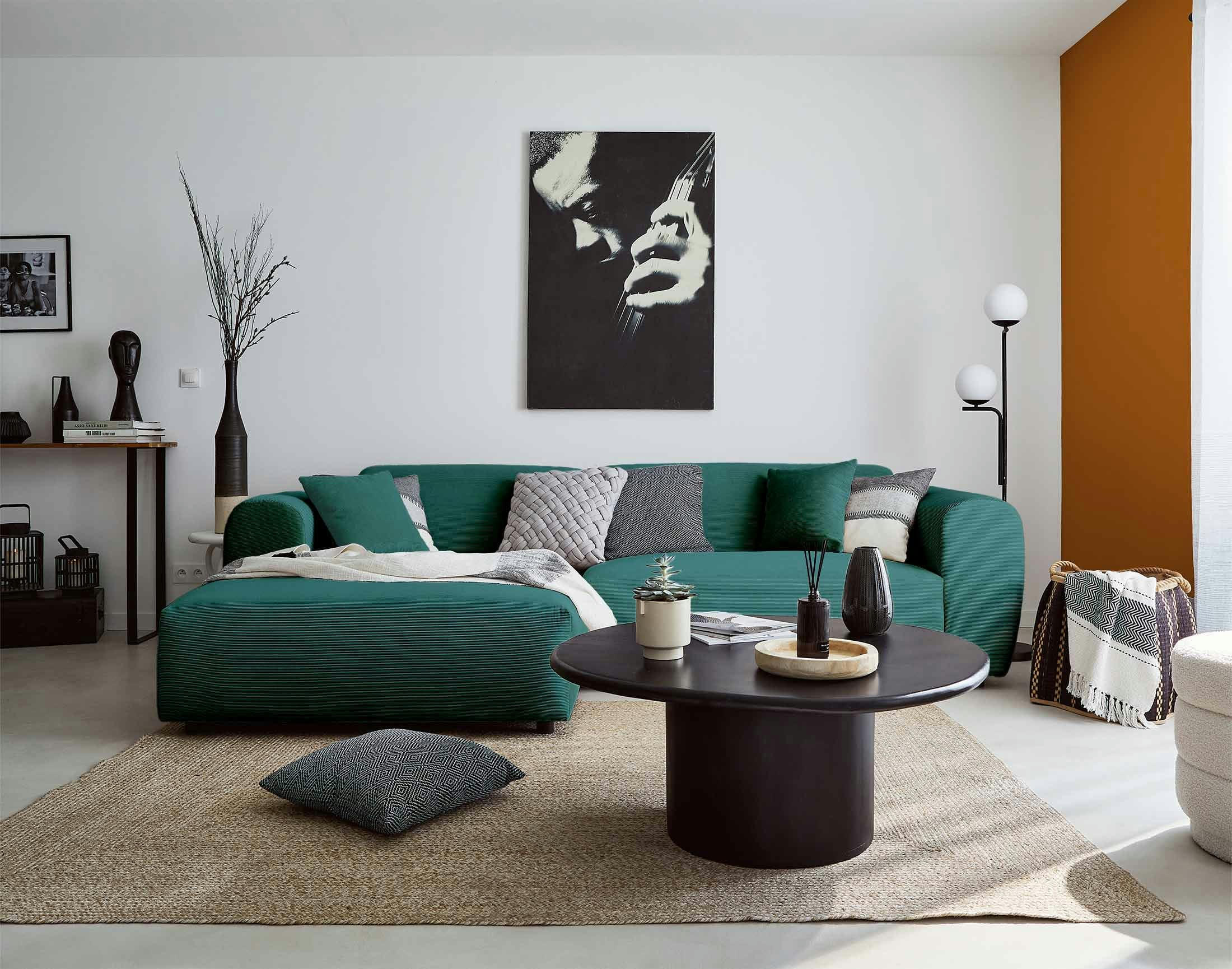 AUMANCE - Canapé d'angle gauche 4 places en velours côtelé bleu canard