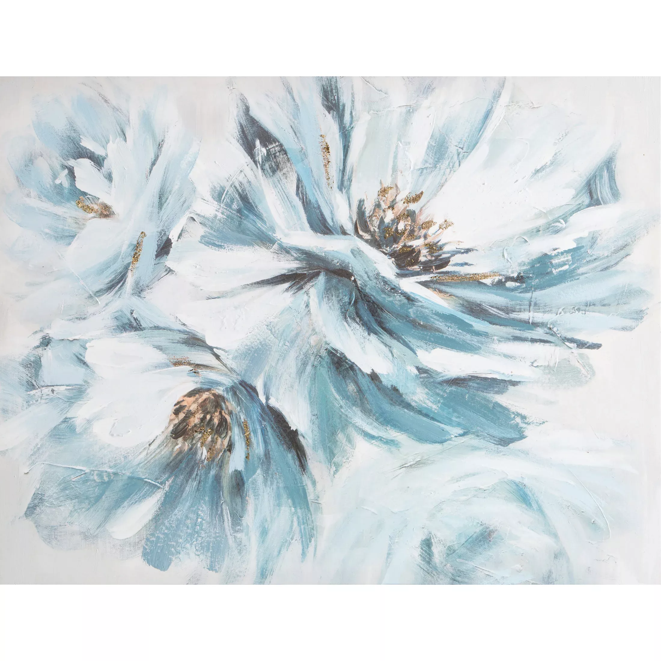 Obraz kwiatowy biało, niebieski ręcznie malowany na płótnie ze złotymi akcentami 80x60 cm FLOWERS