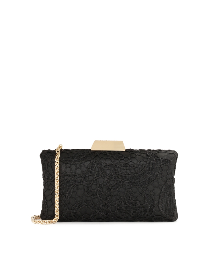Elegant black clutch bag covered in guipure