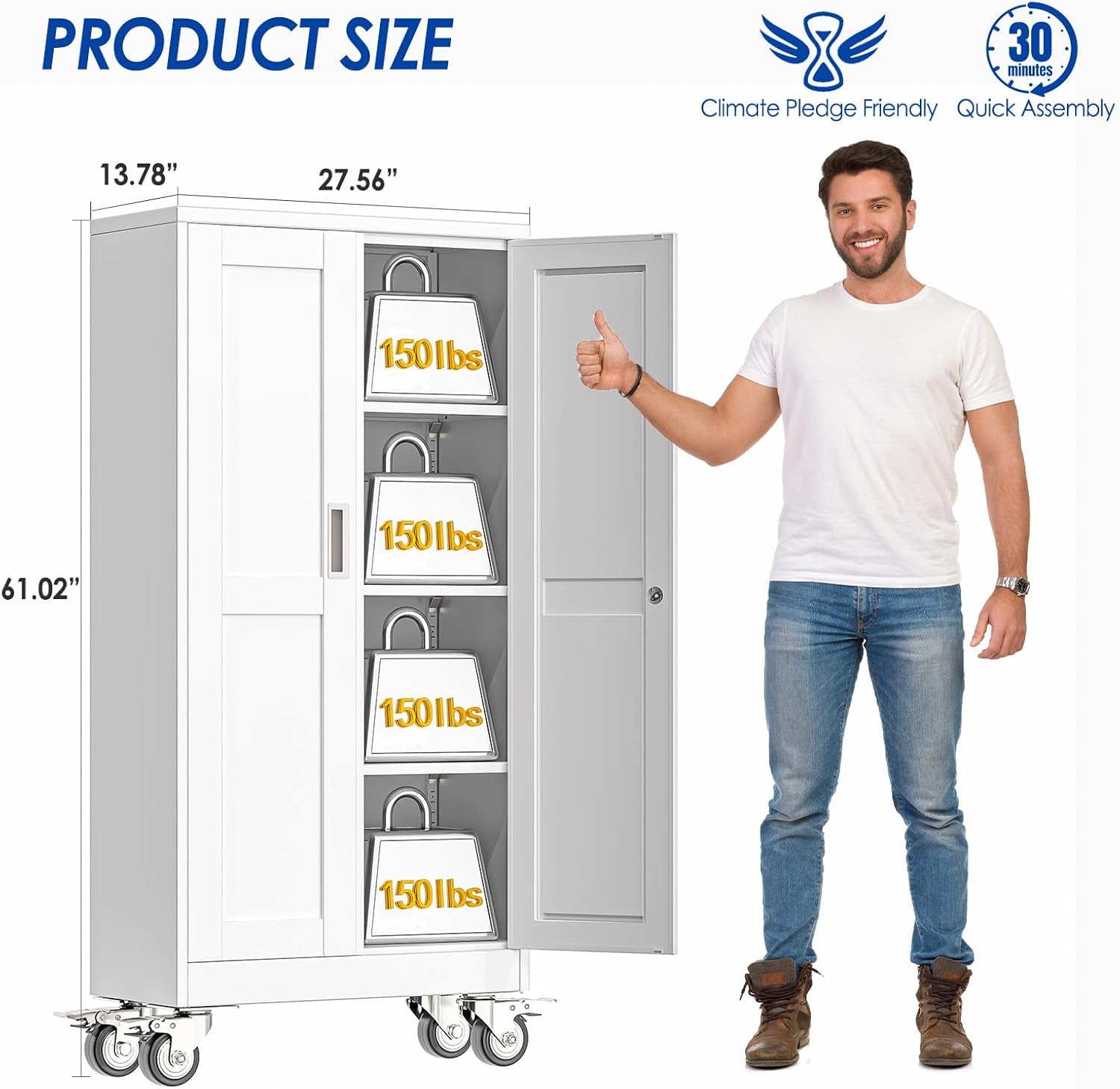 GAIOUS Metal Garage Storage Cabinet with Lock, 61” Tall Lockable File Cabinet with Wheels, Steel Tool Cabinet with 2 Door and 3 Adjustable Shelves, Rolling Cabinet for Home Office Garage Gym - White