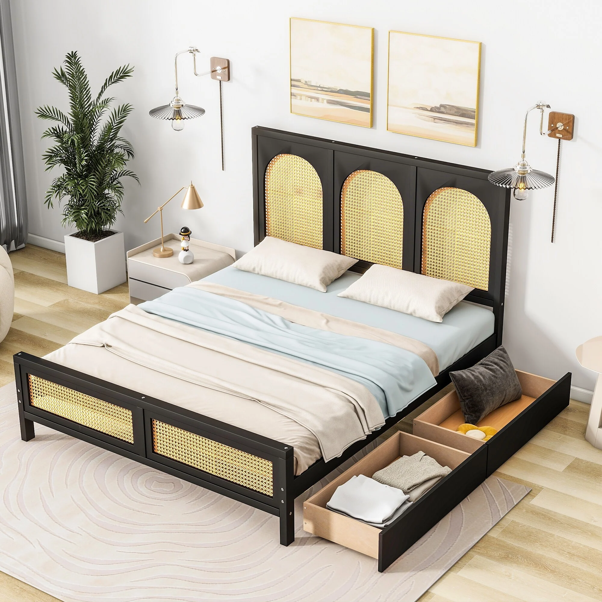 Full Size Wood Platform Bed with Rattan Headboard, Footboard, and 2 Storage Drawers