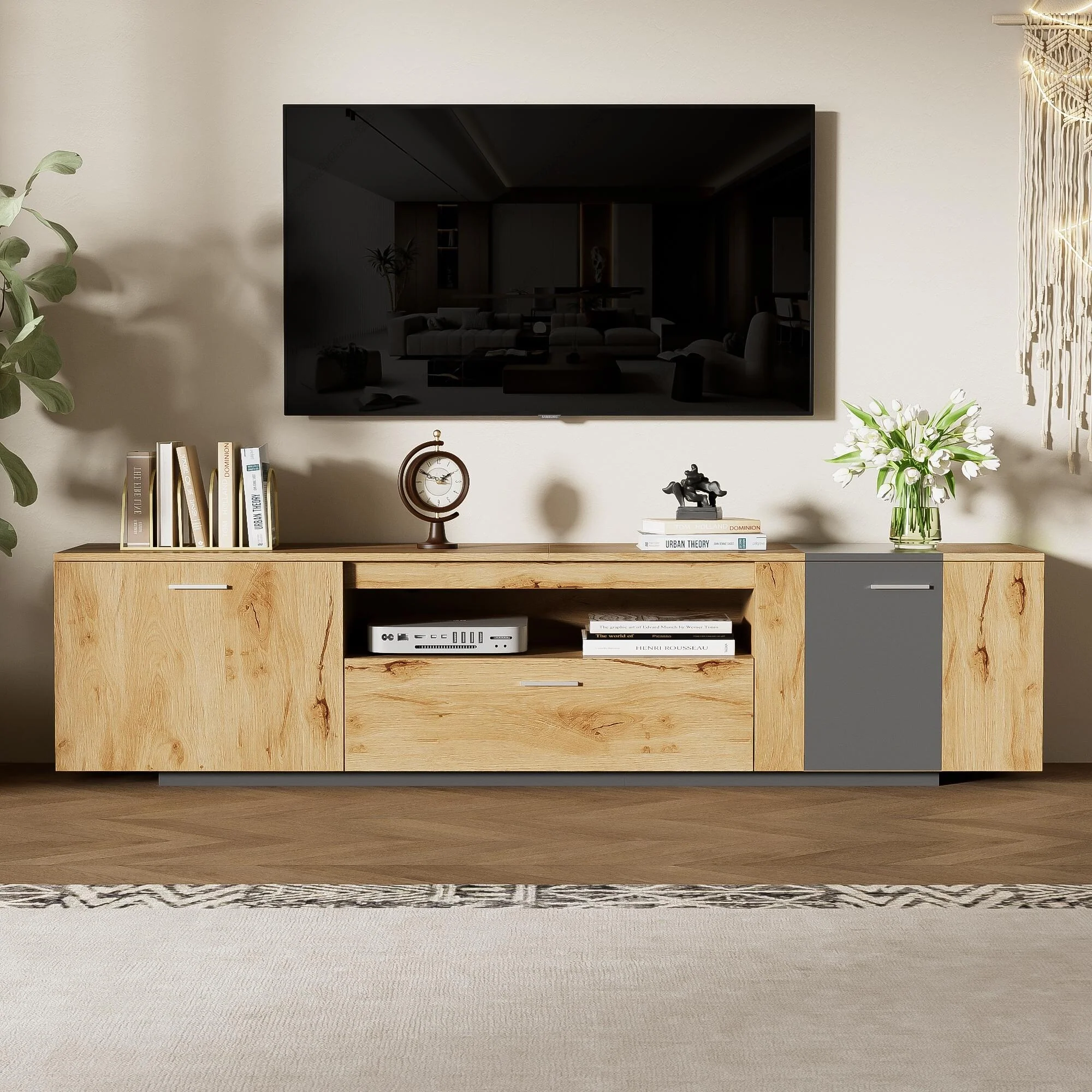 Modern 80-Inch TV Stand with 3 Cabinets, Drawer, and Tidy Cable Management for Living Room