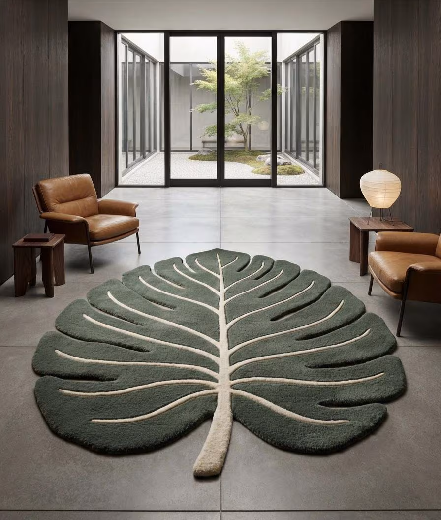 Monstera Leaf Rug, Hand Tufted Wool Area Rug, Leaf Shaped Botanical Rug, Sage Green Rug, Organic Modern Rug, Nature Inspired Home Decor