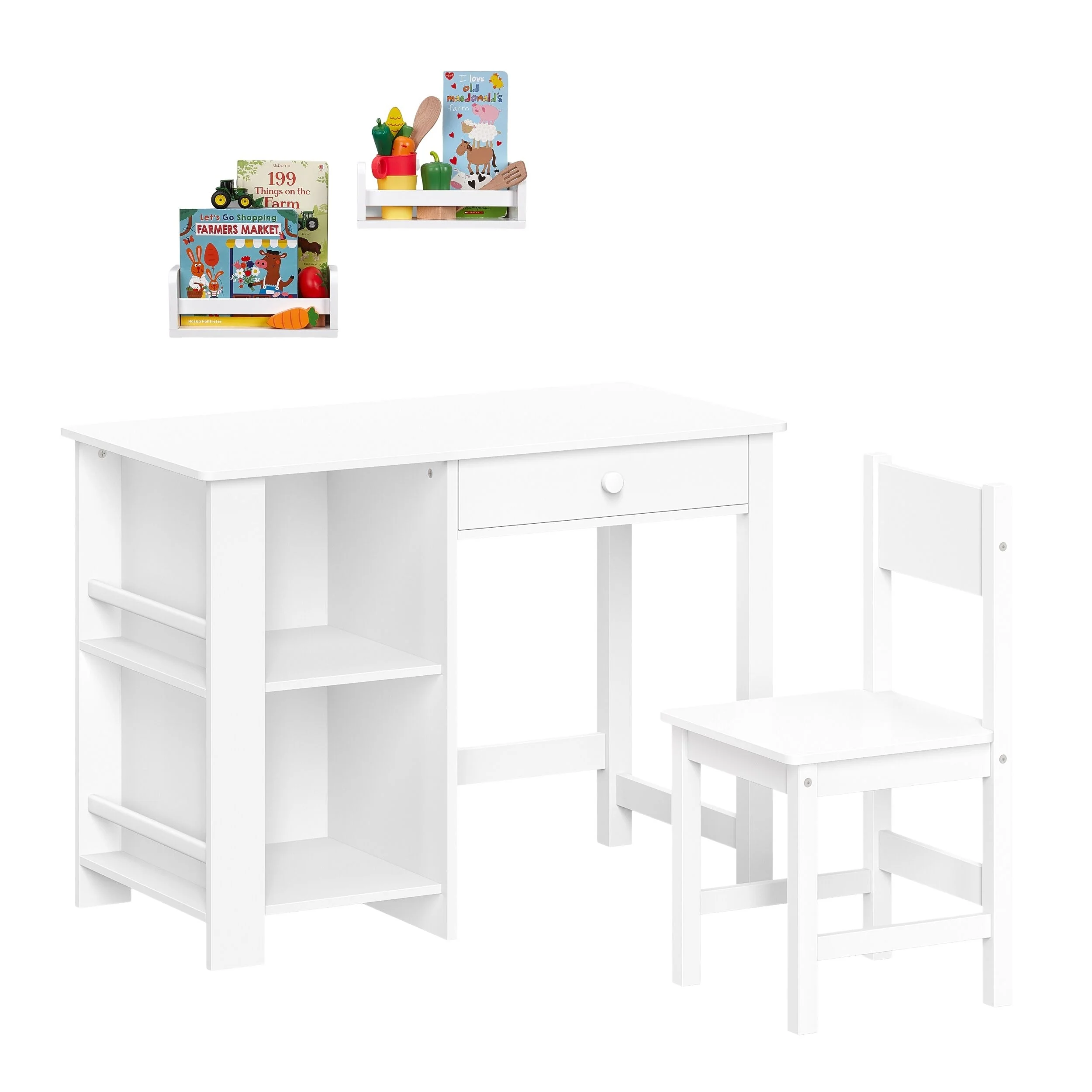 RiverRidge Kids Desk and Chair Set with 2 Art Storage Cubbies, 2 Side Bookshelves, and 2 10 Floating Bookshelves- White