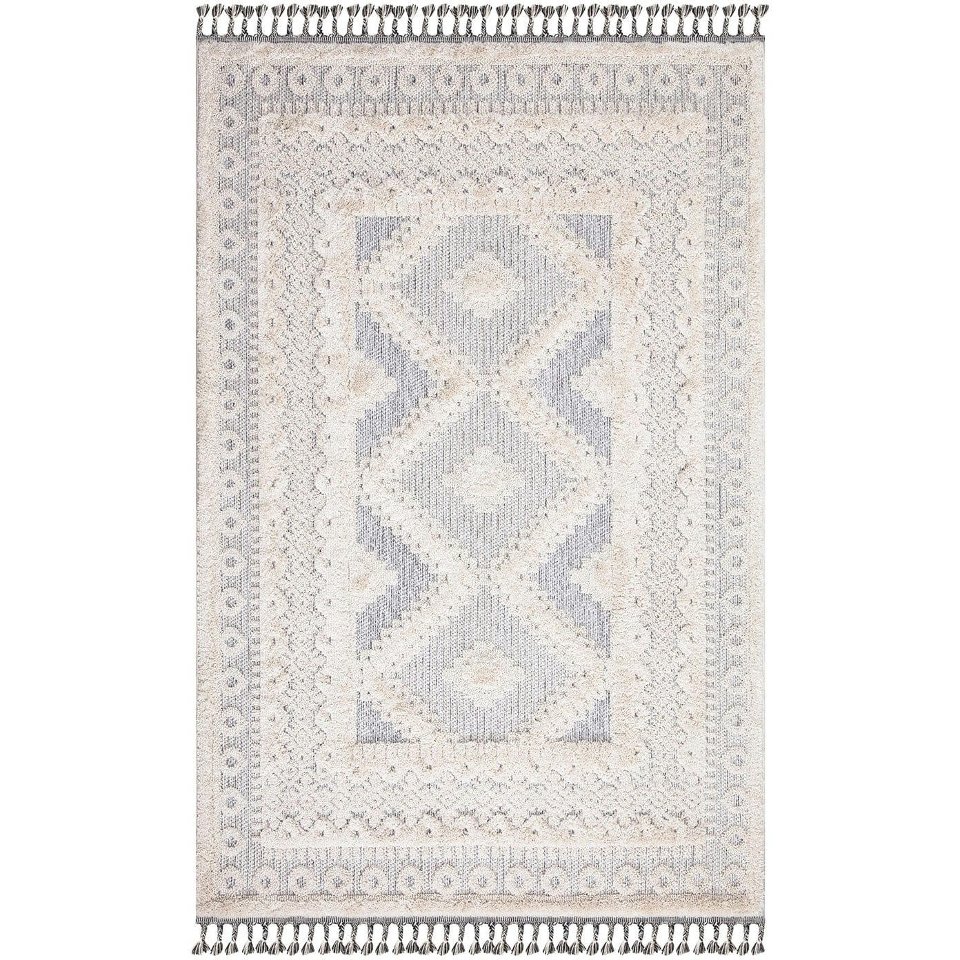 BOHOUSE - Tapis bohème chic à franges tressées crème et gris 80x150cm