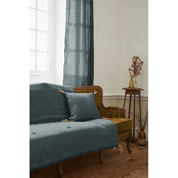 édredon 150 x 150 cm lin lavé bleu avec 4 nouettes en jute - LUISA