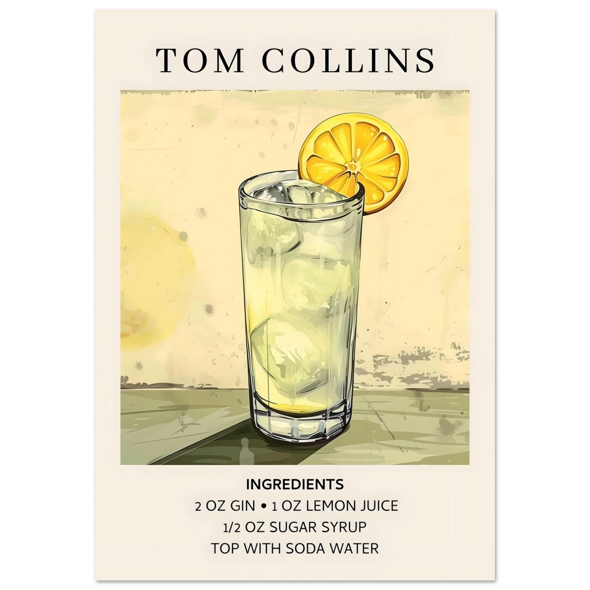 Artfulprints Poster Tom Collins cocktail - Ingrediënten  - 70x100 cm - Groen