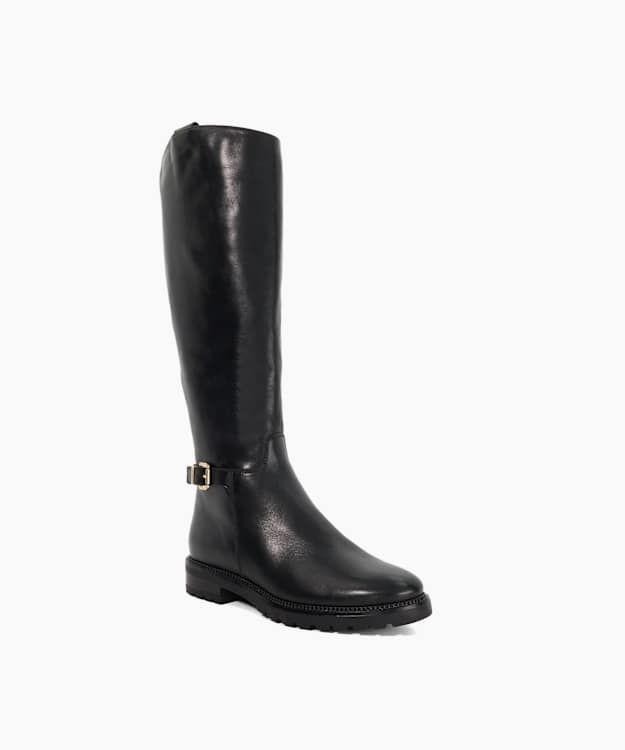 Tabbey Black - Leather Buckle Knee High Boots