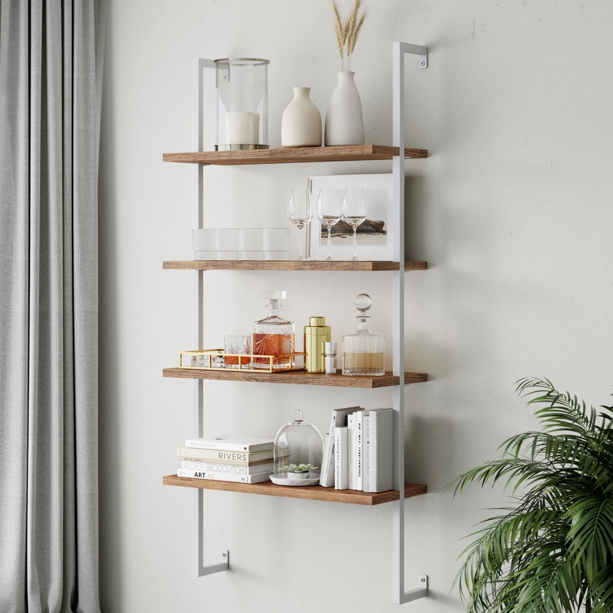 Nathan James Theo 4-Shelf Bookcase Floating Wall Mount Natural Wood Industrial Pipe Metal Frame